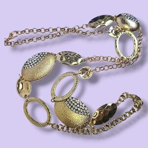 Gold Tone Rhinestones Oval‎ Disc Station Necklace 34"